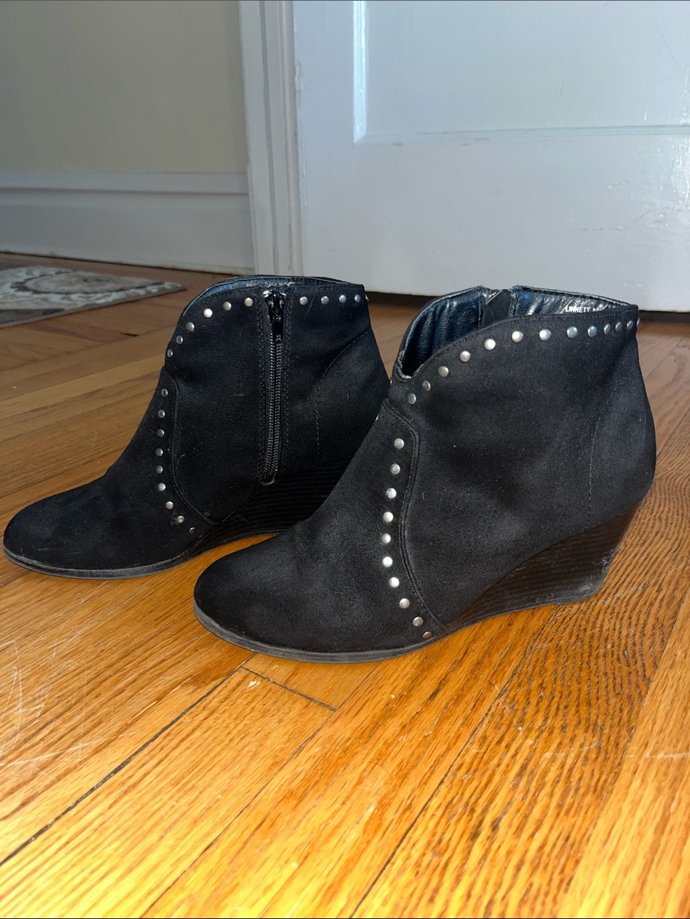 Women’s Black Suede Studded Wedge Booties